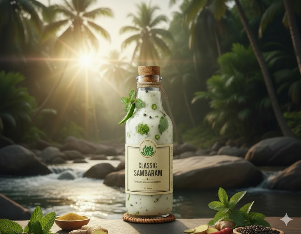 Sambharam drink can with an active person in the background